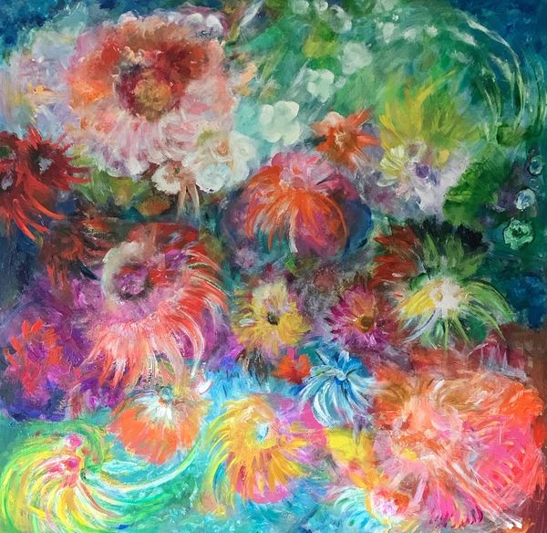 Vibrant abstract painting of swirling colorful flowers blending into a lush background.