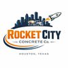 Logo for Rocket City Concrete Co. with a city skyline and rocket illustration.
