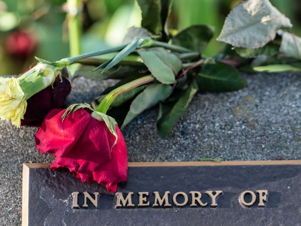 Two flowers placed on top a gravestone with the words "In Memory Of".
For this site it is for Phil