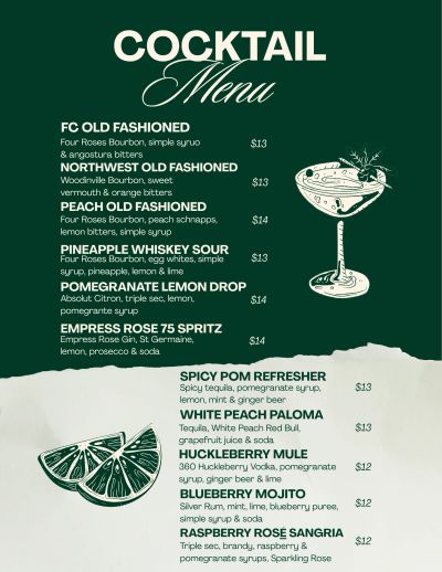 Cocktail menu featuring various old fashioned drinks and refreshing cocktails.