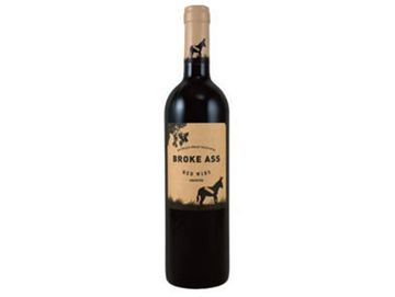 Broke Ass red wine bottle with donkey images on label.