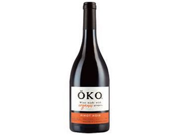 Bottle of ÖKO Pinot Noir wine with organic grapes label.