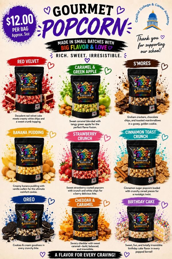 Gourmet popcorn varieties with unique flavors and $12 per 5 oz bag.