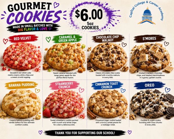 Gourmet cookies for $6 each in various flavors.