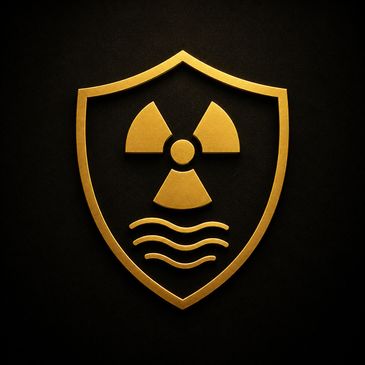 Gold shield emblem featuring a radon monitor and airflow design, symbolizing professional radon test
