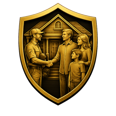 A premium gold shield emblem showing a home inspector greeting a client and family after an inspecti