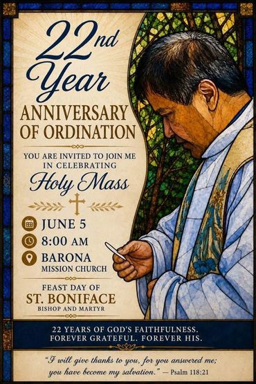 Invitation to 22nd ordination anniversary Holy Mass at Barona Mission Church.