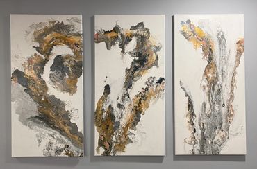 3 Panel Pour Painting, commissioned size and colors (white, golds, gunmetal, greys, pink)