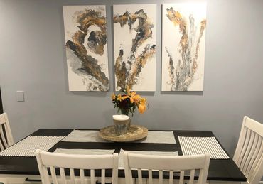 3 Panel Pour Painting, commissioned size and colors (white, golds, gunmetal, greys, pink)