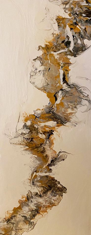 Long white, gold, black, and grey pour painting. Canvas is 18"x36"