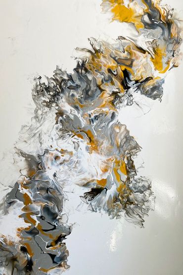 Pour Painting in White, Grey, Gold, and Black. Canvas size is 24" x 36"