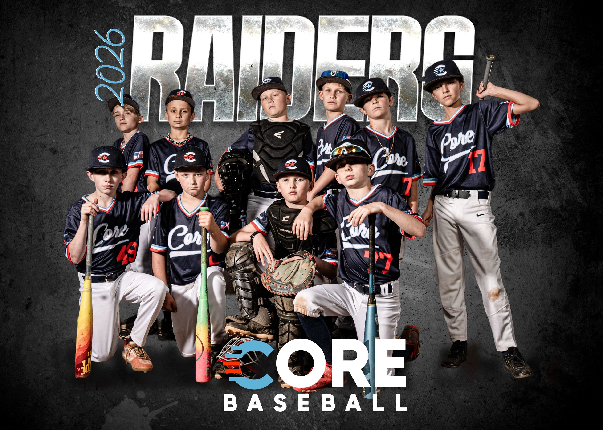 Youth baseball team posing confidently with bats and gear in front of 'Raiders' text.