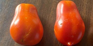 Two ripe, red Roma tomatoes on a wooden surface.