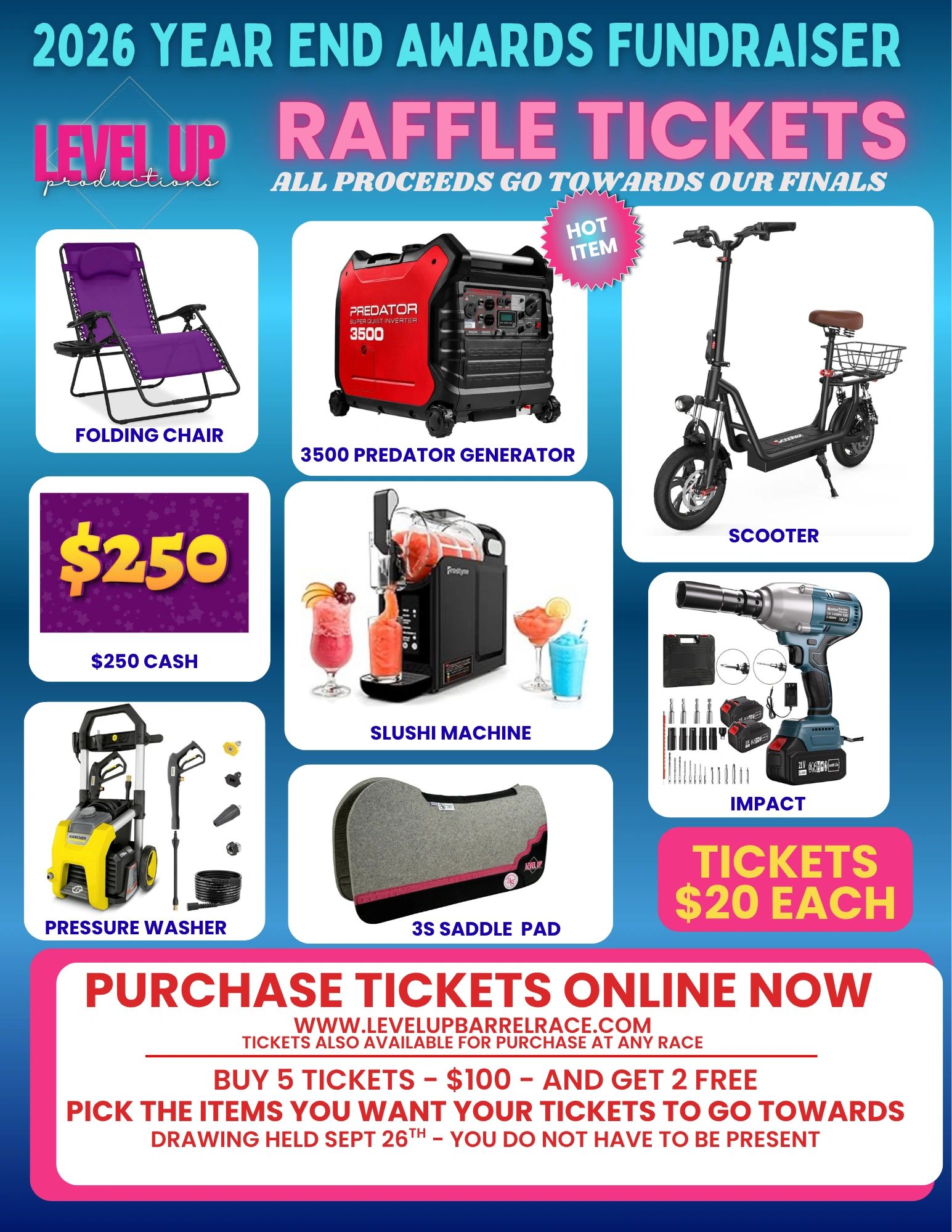 Fundraiser raffle tickets with various prizes including a generator and scooter.