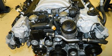 Detailed close-up of a car engine.