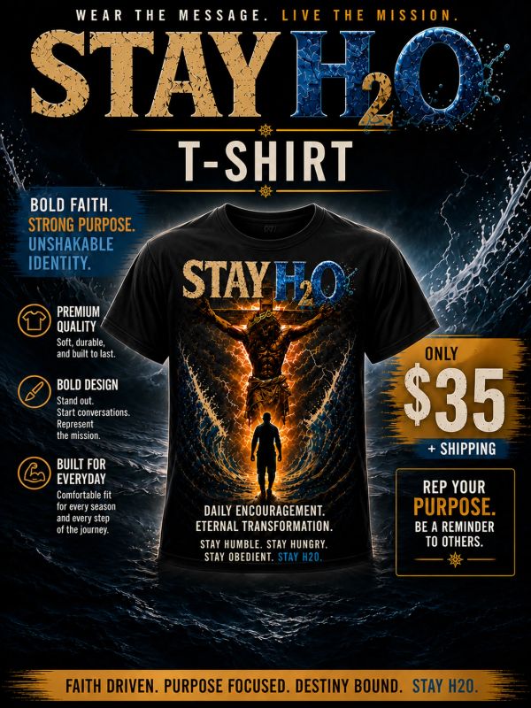 Advertisement for Stay H2O T-shirt promoting faith and purpose.