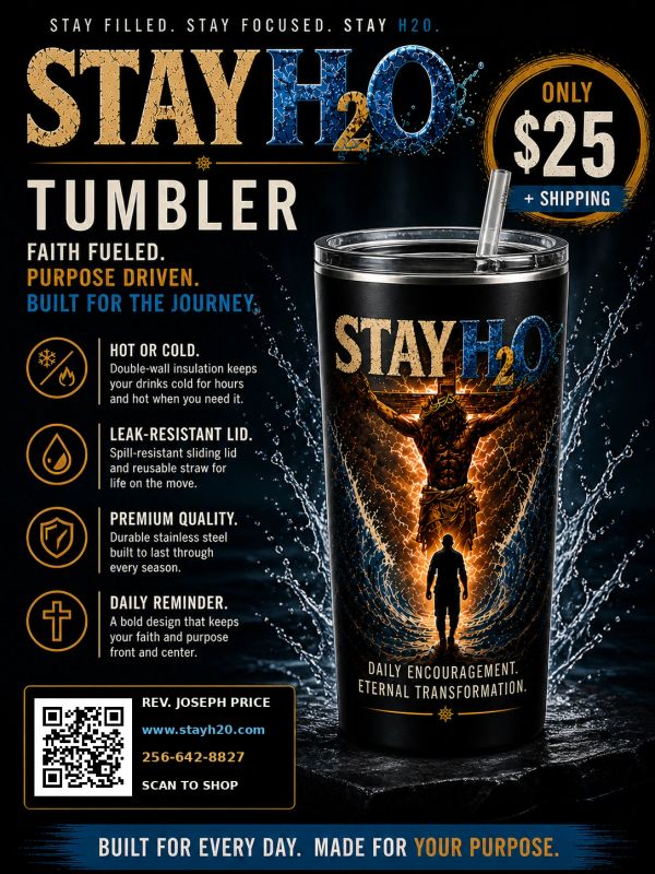 Stay H2O Tumbler with faith-inspired design, keeps drinks hot or cold, leak-resistant.