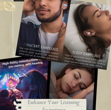 Collage showing earplugs for concerts, sleep, and noise reduction with people using them.