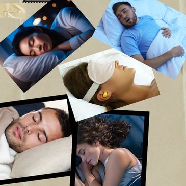 Collage of diverse people sleeping peacefully in various settings.