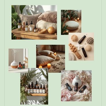 A collection of wellness accessories including essential oils, cushions, and massage tools.