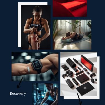 Collage showing therapy, recovery, and compression techniques for muscle care and fitness.