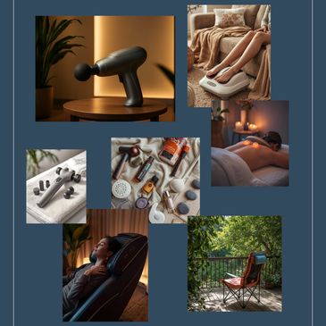 Collage of therapeutic massage devices promoting home relaxation.