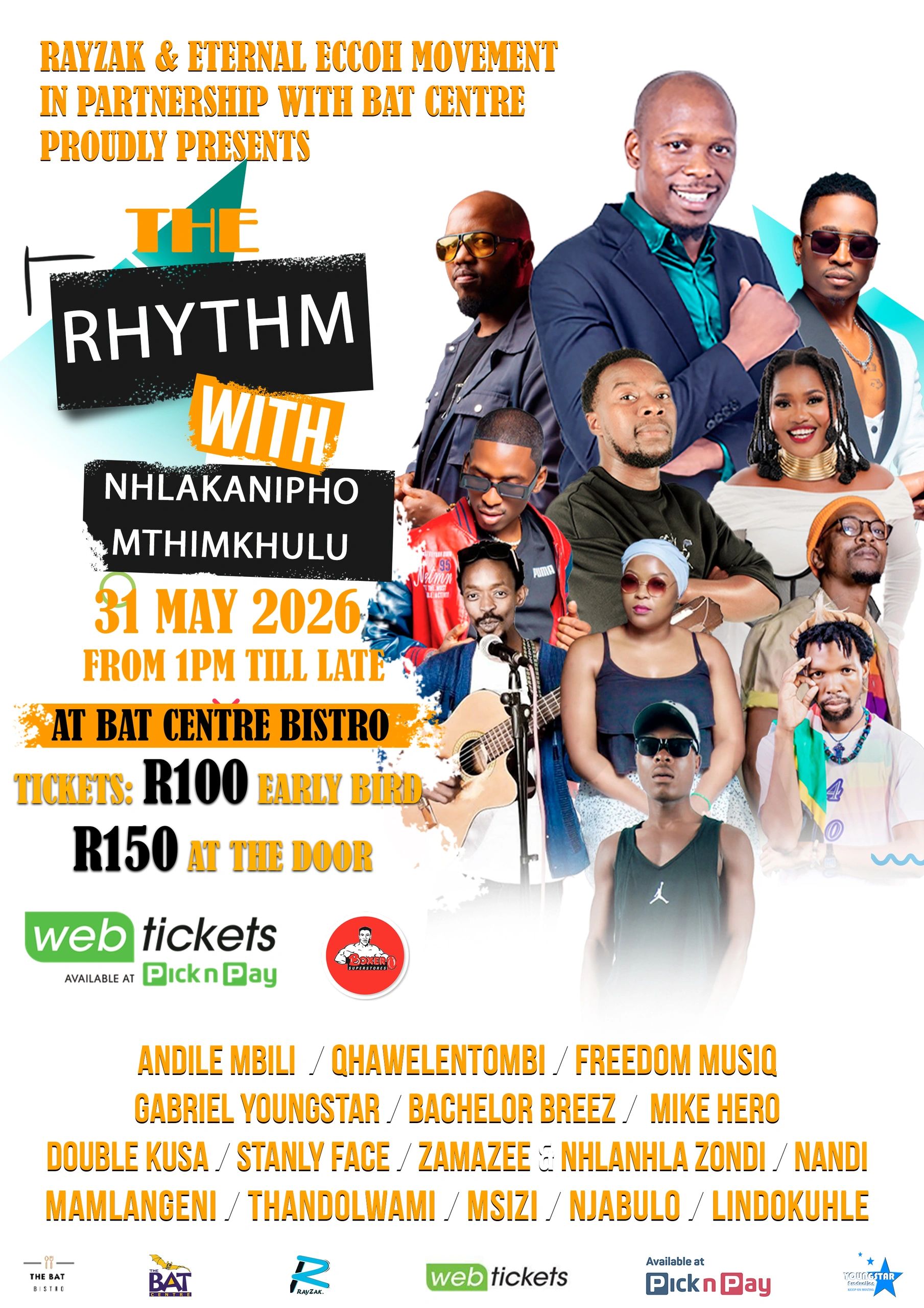 Event poster for The Rhythm with Nhlakanipho Mthimkhulu on 31 May 2026 at Bat Centre Bistro.
