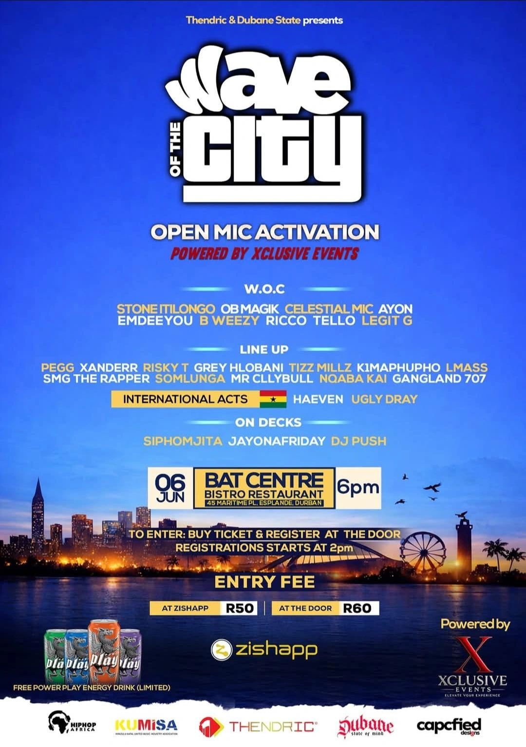Wave of the City open mic event at Bat Centre, Durban on June 6, featuring local and international artists.