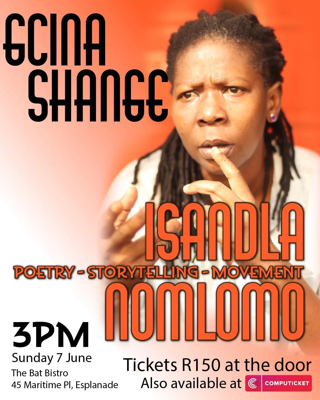 Event poster for Gina Shange's poetry and storytelling at The Bat Bistro on June 7.