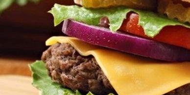 Juicy Angus burger on a bun with cheese, lettuce, onion, tomato and pickles