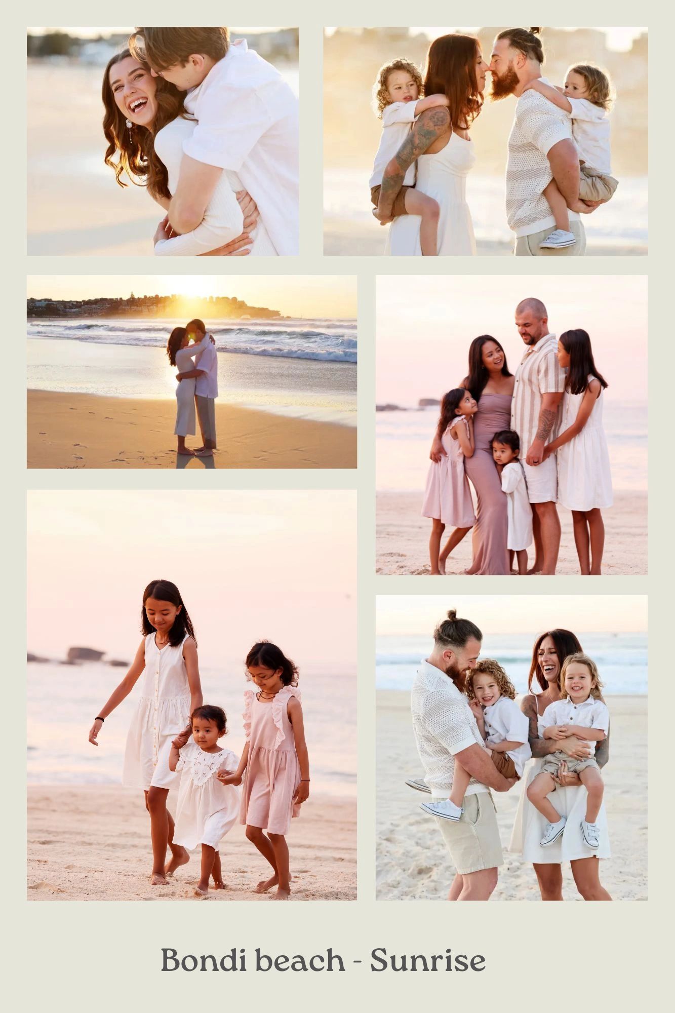 Warm family moments captured at Bondi Beach during sunrise.