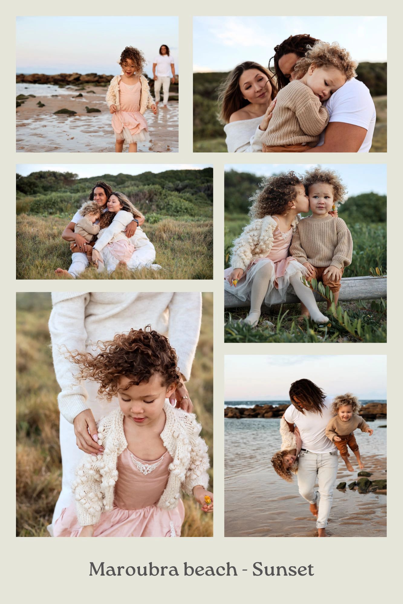 Family enjoying tender moments and playful fun at Maroubra beach during sunset.