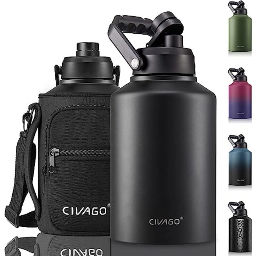 CIVAGO Gallon Insulated Water Bottle Jug, 128 oz Stainless Steel Sports Canteen, Large Metal Thermo 