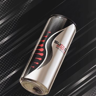 A sleek energy drink can with modern black, white, and red design.