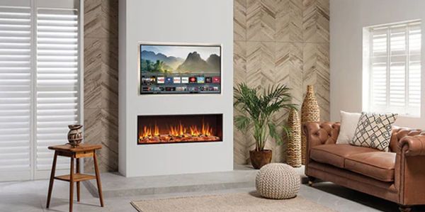 Cozy living room with leather sofa, modern fireplace, and natural light.