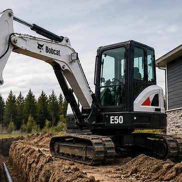 Bobcat E50 excavator on a construction site.