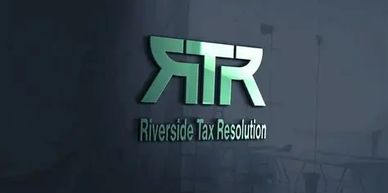 Logo of Riverside Tax Resolution with stylized RTR letters on a dark reflective wall.