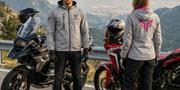 Dos motociclistas con chaquetas grises junto a sus motos en una carretera de montaña.