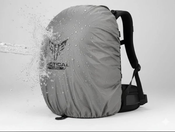 Mochila con funda impermeable resistiendo el agua.
