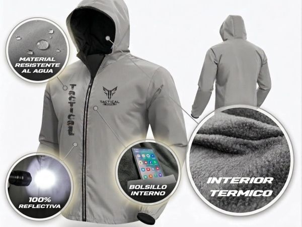 Chaqueta gris táctico resistente al agua con interior térmico y reflectante.