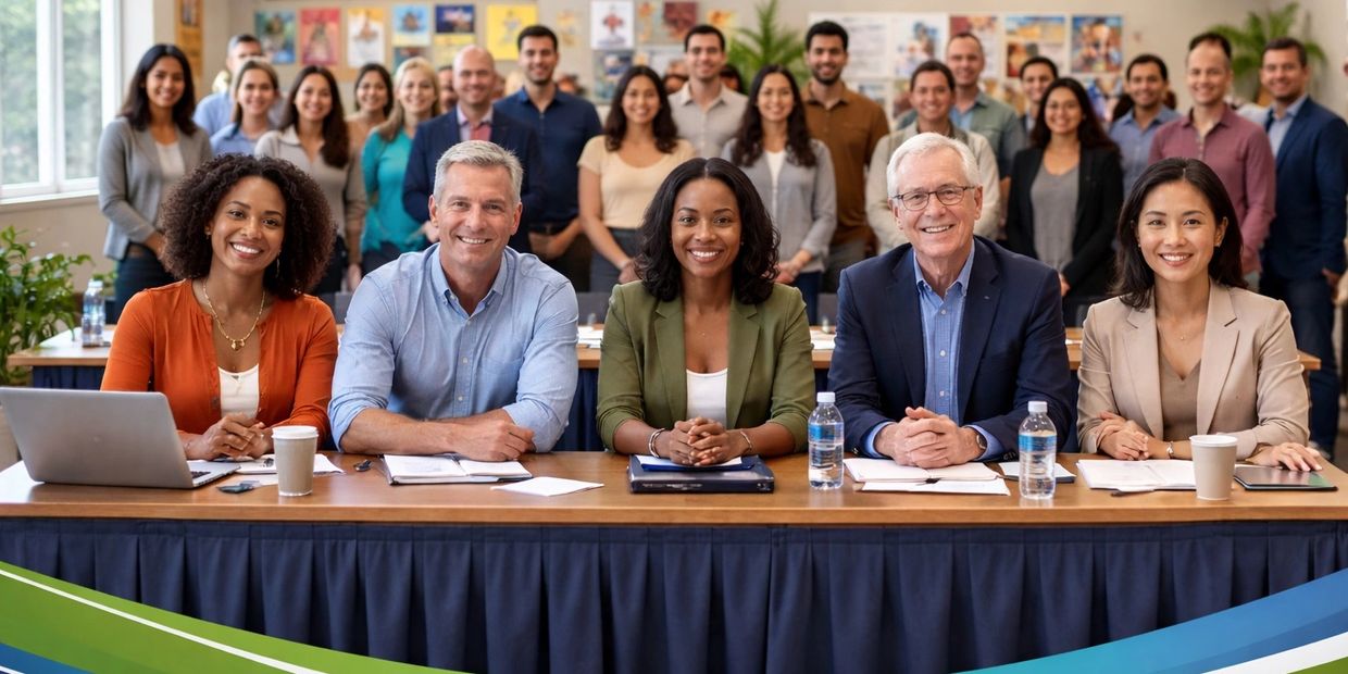 Image shows a room full of people with the people at the front sitting behind a desk