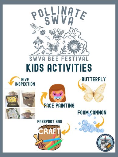 Flyer for SWVA Bee Festival kids activities including crafts and face painting.