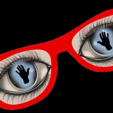 Red glasses with blue eyes and black hand in the center of the eyes
