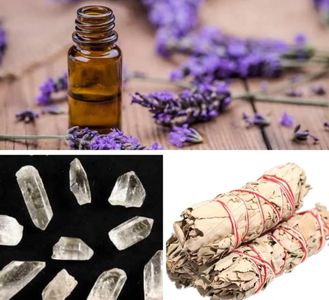 Lavender essential oil, quartz healing crystals, bundles of sage