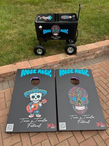 Custom cornhole boards and water cooler.