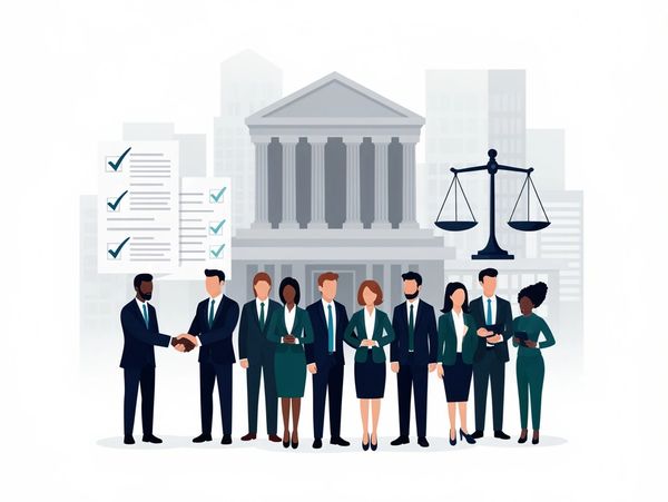 Group of diverse legal professionals standing in front of courthouse with scales of justice.