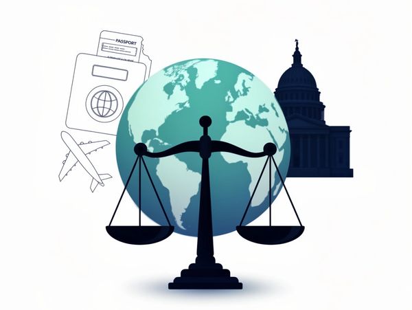 Scales of justice with a globe, passport, airplane, and government building icons.