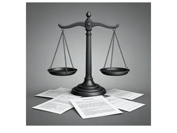 Black justice scales balanced over scattered legal documents on a gray background.