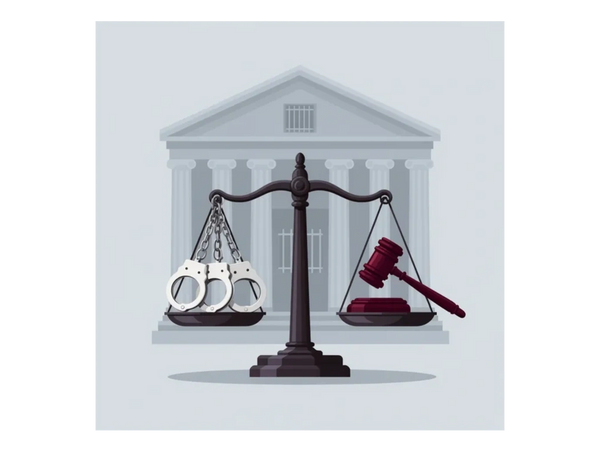 Scales of justice balancing handcuffs and a judge's gavel in front of a courthouse.