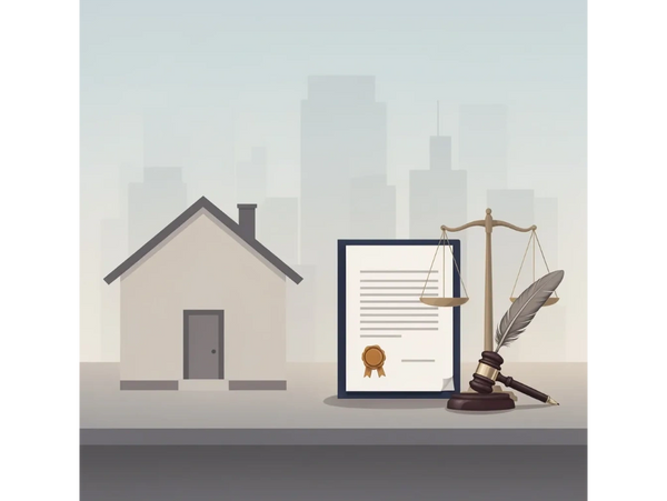 Illustration of house, legal document, scales of justice, and gavel symbolizing property law.